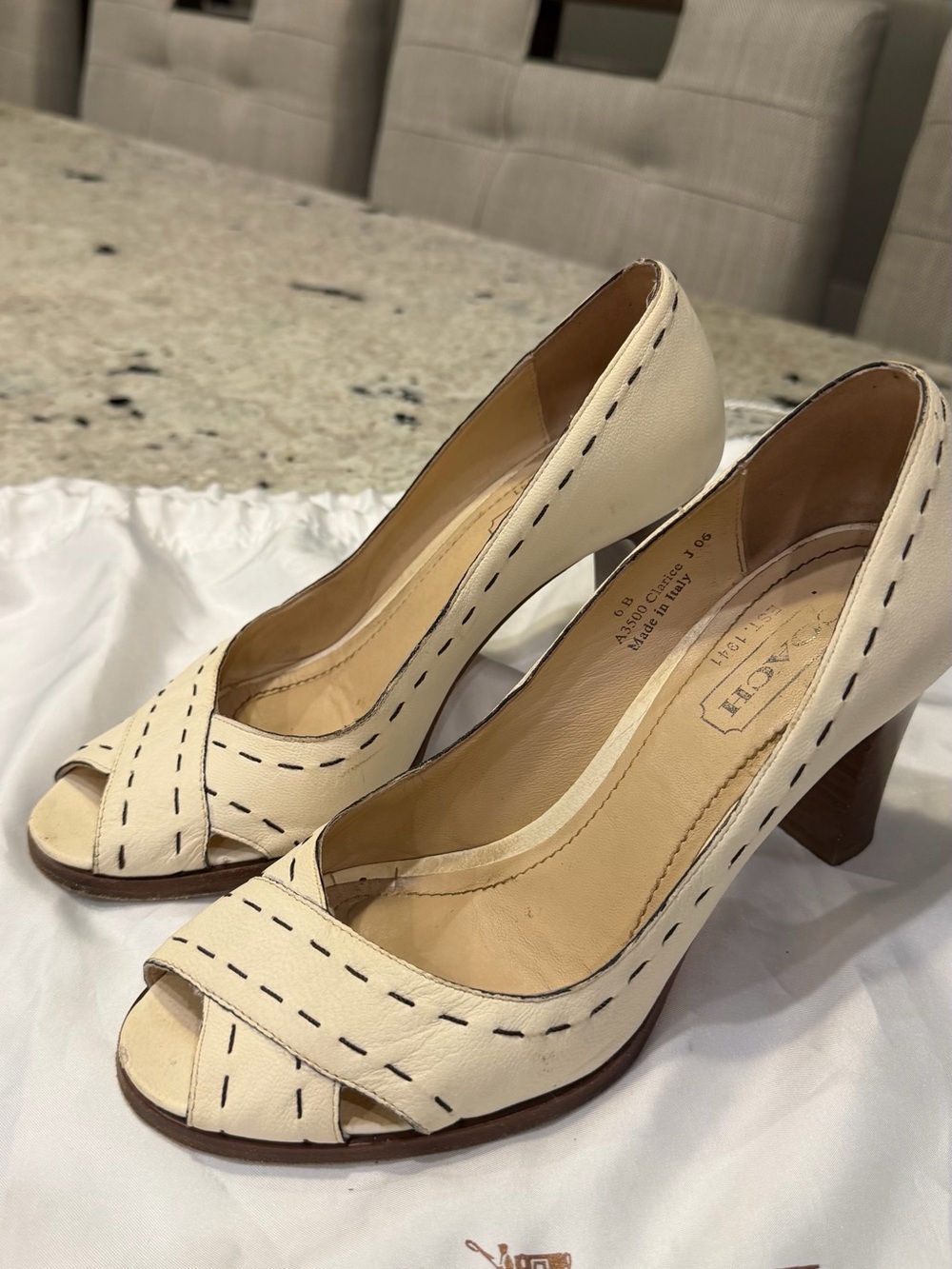COACH Cream Open-Toe Leather Pumps with Contrast Stitching